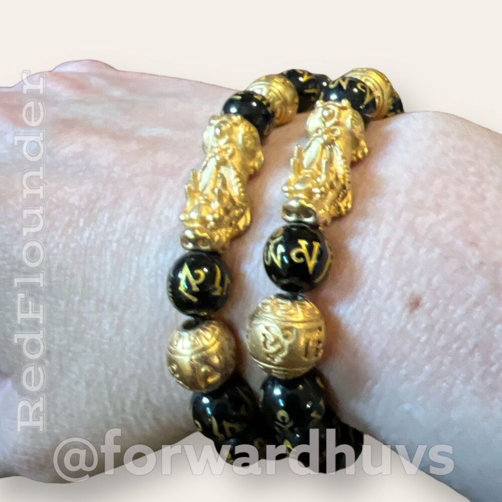 2 Feng Shui Pi Xiu Wealth Bracelets Black Obsidian Style Gold Tone Set